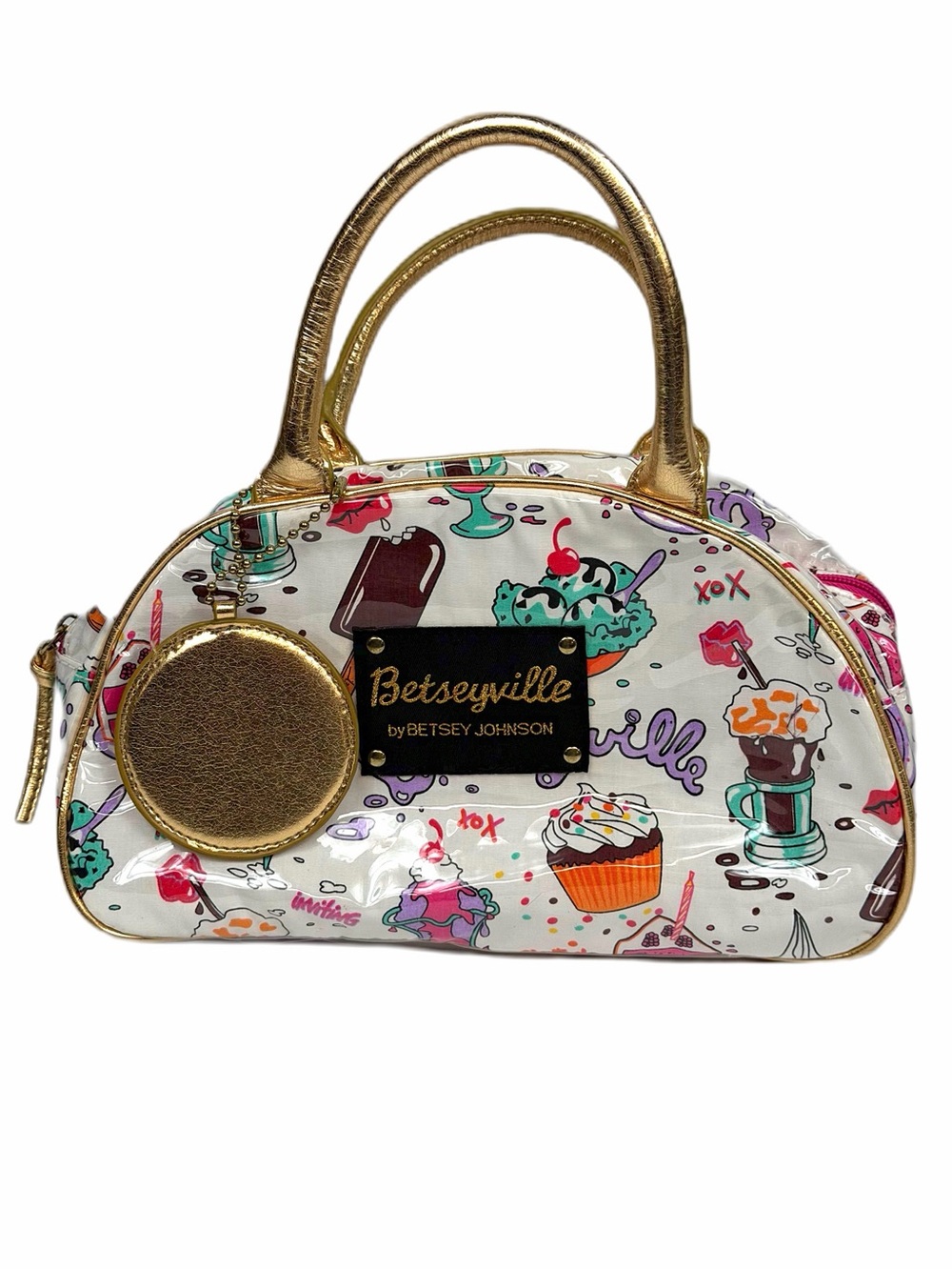 Betseyville by Betsey Johnson white vinyl
"Sweet Treats" bag w gold handles